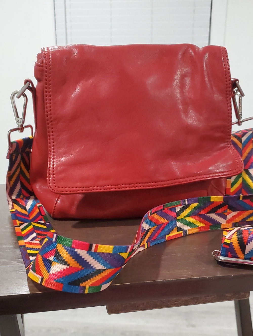 Red Leather Crossbody with Multicolor Woven Strap